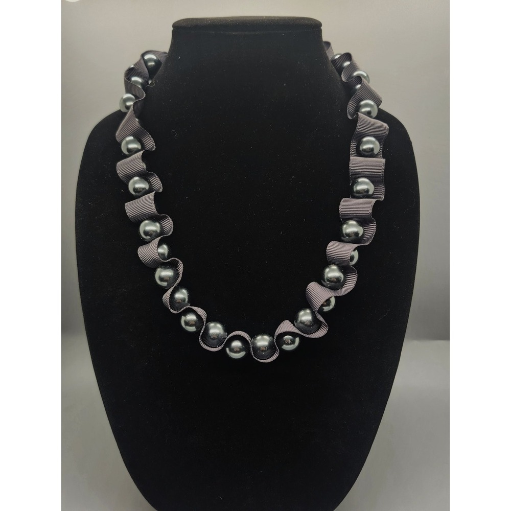 Gray Faux Pearl Grosgrain Ribbon Choker Necklace Adjustable Tie Handmade